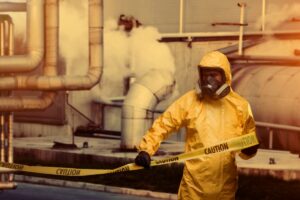 Man in protective work gear putting up caution tape