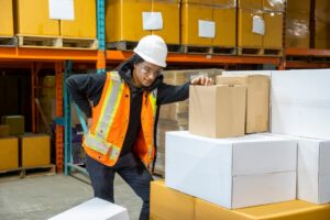 A male worker leaning on boxes while holding his lower back 